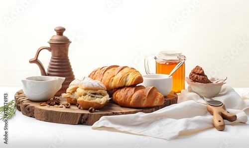 Assortment of Fresh Baked Goods and Tea for a Cozy Afternoon on white background. Generative Ai


