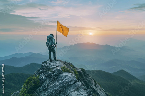 Atop a majestic peak, a triumphant traveler waves a vibrant yellow flag, symbolizing accomplishment and success in conquering life's challenging heights.