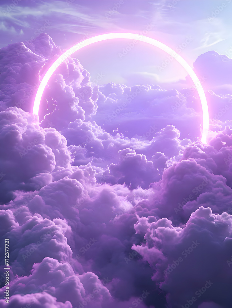 Vertical background of simple puffy light purple clouds with a neon circle in the center. High-resolution	