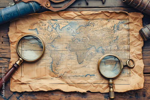 Magnifying glass on old brown paper of globe map, vintage style