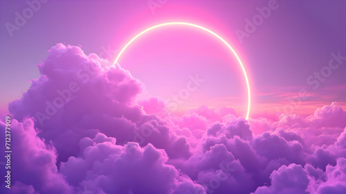 A background of simple puffy light purple clouds with a neon circle in the center. High-resolution 