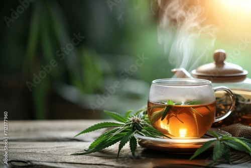 CBD tea. A cup of tea with cannabis leaves in a teapot. Copy space. Wooden table. Summer photo