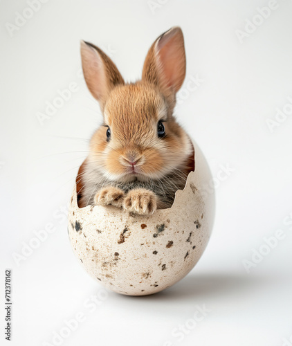 Cute Easter card picture of a baby bunny hatching and crawling out of broken egg, isolated on white background with copy space