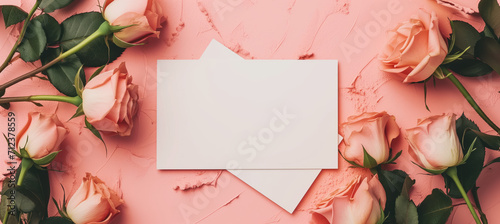 Blank White Paper Note Surrounded by Pink Roses on Textured Background for Mother s Day  Spring  or Valentine s Day