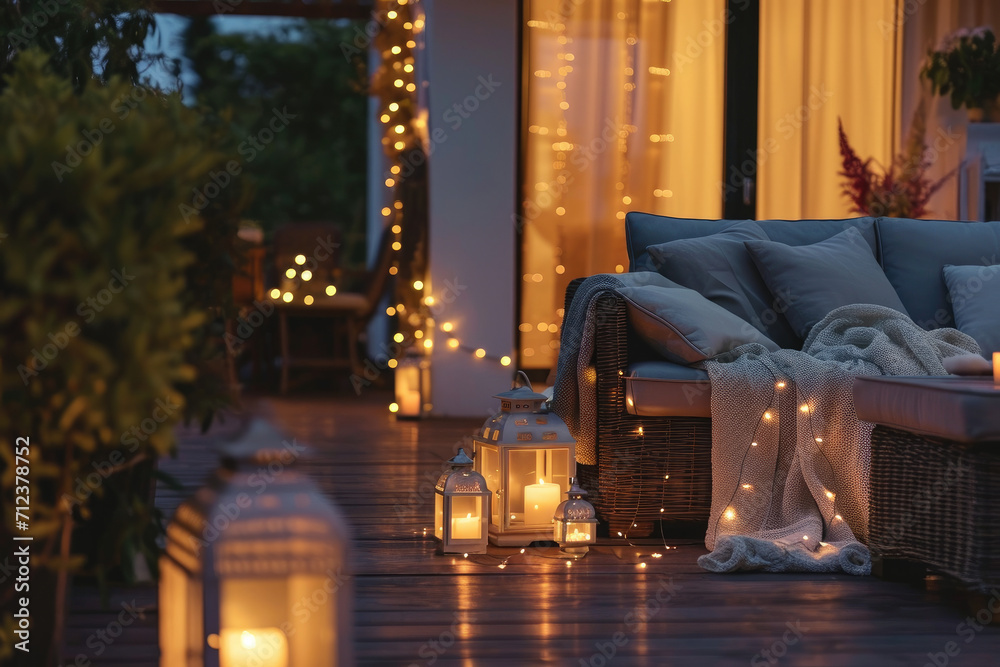 cozy outdoor terrace with outdoor string lights. Evening on the patio terrace of a beautiful house with lanterns