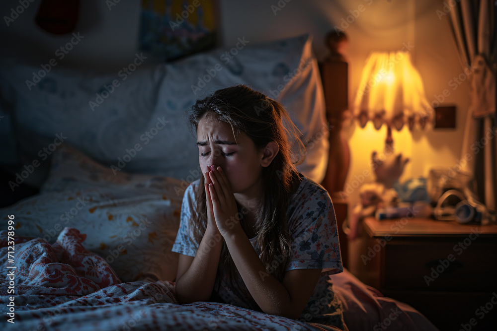 A woman praying at her bedside, prayer, faith, belief in god concept