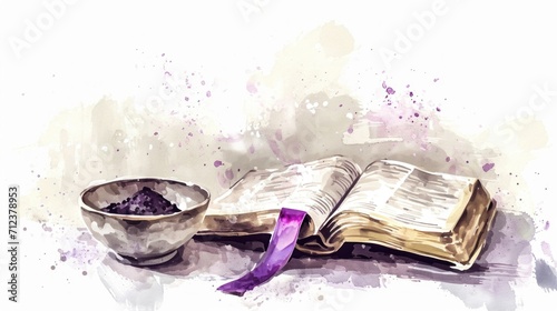 Illustration of an open bible with a purple bookmark and a bowl of ashes beside it, representing Ash Wednesday, tranquil and solemn mood, watercolor style photo