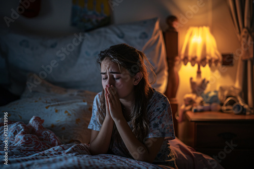 A woman praying at her bedside, prayer, faith, belief in god concept photo