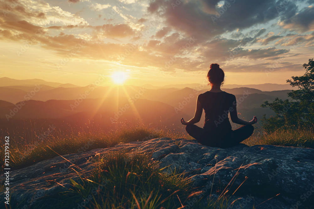 A person meditating on top of a mountain at sunrise, mindfulness concept A person meditating on top of a mountain at sunrise, mindfulness concept
