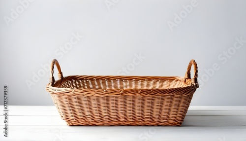 Empty wooden basket on a table on white background - creative illustration - generative AI