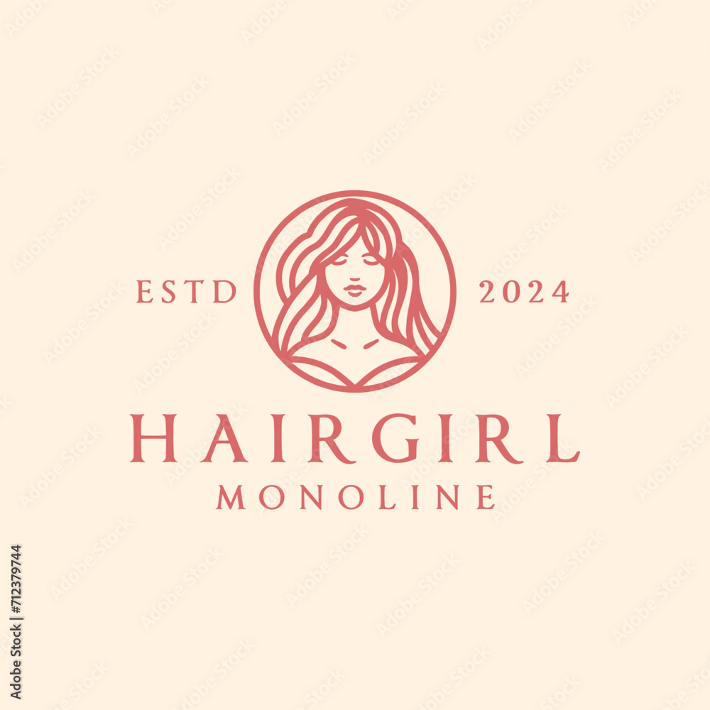 Monoline Beauty Hair Girl Vector Logo Design illustration Monoline Beauty Hair Girl Vector Logo Design illustration