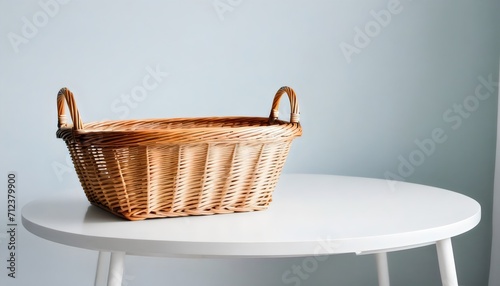 Empty wooden basket on a table on white background - creative illustration - generative AI