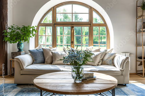 Rustic coffee table and a comfortable sofa, cozy interior design