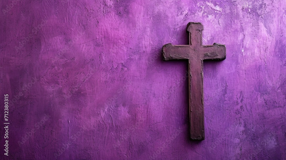 Minimalist Ash Wednesday concept with a simple ash cross on a purple background, introspective and tranquil mood, Simple Ash Cross on Purple Background for Ash Wednesday.