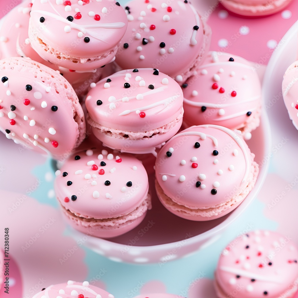 Pink Macaroon on Table with Colorful Sweet Pattern Background, Food and Dessert Concept Pink Macaroon on Table with Colorful Sweet Pattern Background, Food and Dessert Concept