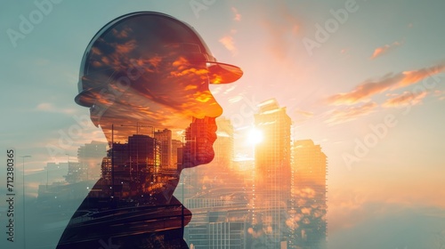 an engineer wearing a helmet, double exposure with the sightly skyscraper, sunset colors