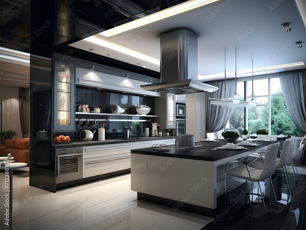 Beautiful kitchen design in a luxury home. Modern kitchen interior design with dining Beautiful kitchen design in a luxury home. Modern kitchen interior design with dining