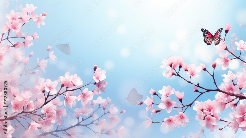 Pink Sakura flowers, blue sky and butterflies on the nature outdoors. romantic dreamy spring image, landscape Pink Sakura flowers, blue sky and butterflies on the nature outdoors. romantic dreamy spring image, landscape
