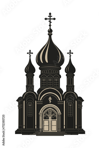 Christian cathedral, temple, church. Religious architectural structure. Orthodox church building with onion domes, crosses, bell tower and chapel. Black silhouette. Vector on white background.