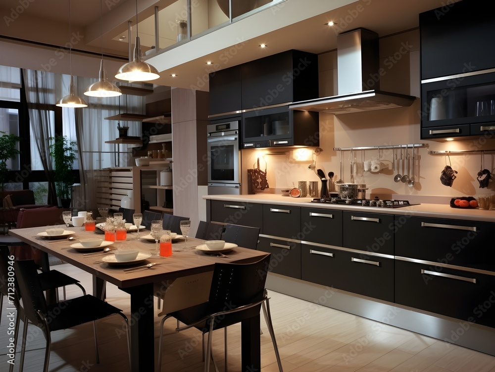 Beautiful kitchen design in a luxury home. Modern kitchen interior design with dining