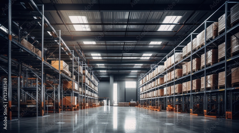 High-ceilinged modern logistics warehouse interior with neatly stacked polished steel storage racks