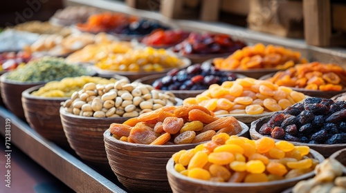 Dry fruits on display at the market, creating a mix of vibrant and colorful backgrounds.