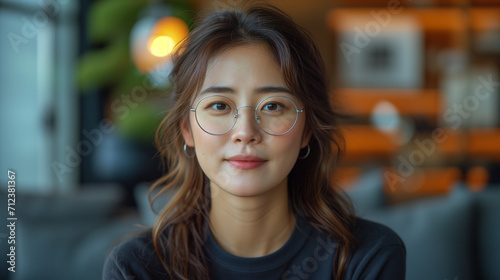  A Korean woman in her mid-30s, wearing cool glasses, calm and somewhat reserved, not pretty but neat and tidy, wearing a thin long-sleeved T-shirt