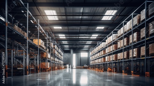 High-ceilinged modern logistics warehouse interior with neatly stacked polished steel storage racks