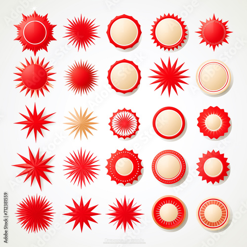 Starburst Promotional Badge Set Selling logo, Red Sticker Sticker, Promotion signs, icon Sunbars, empty brand design elements
