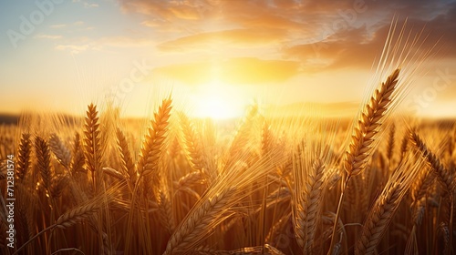 image peaceful scene of wheat field at sunrise. amidst the wheat stalks