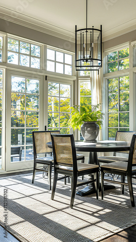 An elegant dinning room with large doors and windows