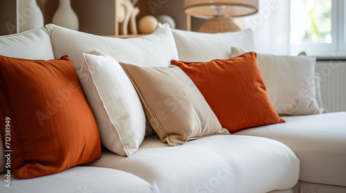 Close up of fabric sofa with white and terra cotta pillows. French country home interior design of modern living room.