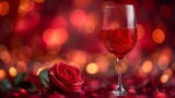 glass with wine and rose in glass blurred background with bokeh. Generative AI