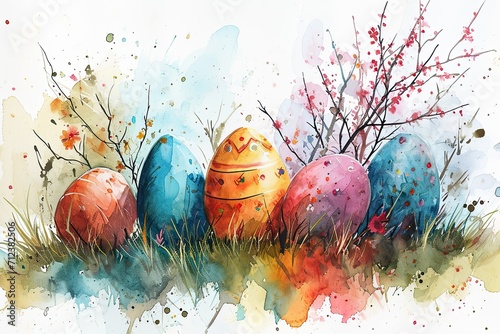 Watercolor Painting of Colorful Easter Eggs on grass with flowers