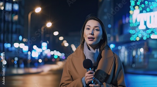 Beauty female correspondent talking while being on air in news on the city street. Woman reporting news on tv program.