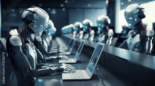 The concept of the robot's automatic workplace in the call center works as a controller of customers working on a desktop computer.