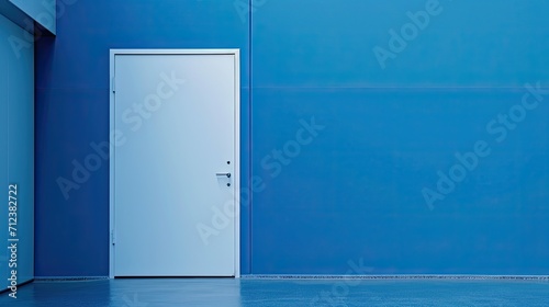 Wooden white door and empty blue wall. photo