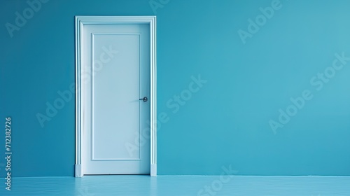 Wooden white door and empty blue wall.