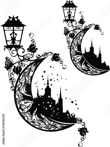 fairy tale medieval castle on a crescent moon with lantern and rose flowers - night time fantasy kingdom black and white vector silhouette design