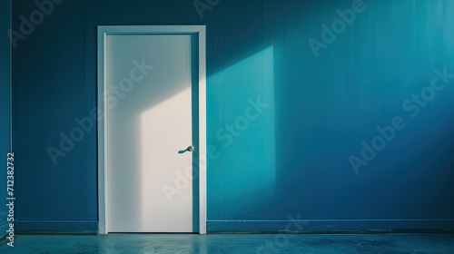 Wooden white door and empty blue wall.