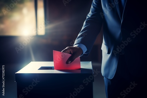 A black man in a suit casts his vote, drops a piece of paper into the ballot box. Elections and voting day photo