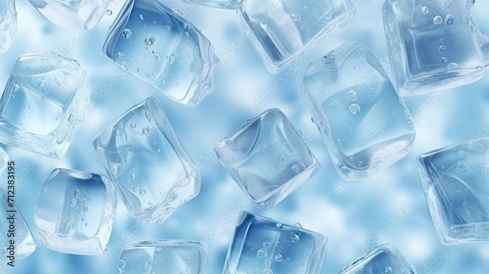 Crystalline border frames frozen world, glistening ice cubes showcase blue transparency in a captivating crystal frame