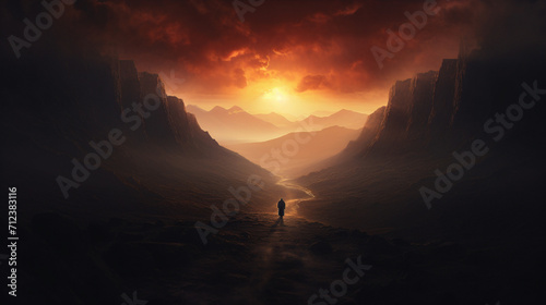 A person walking towards the light in a dark and uncertain valley, sunset photo