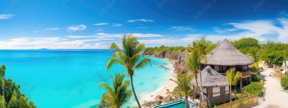 Fototapeta premium Luxury panoramic view at resort on turquoise seascape background. beautiful beach. Travel banner on summer