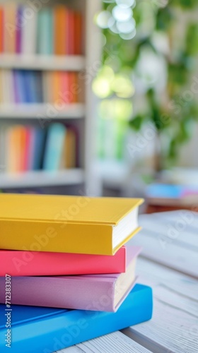 View of World book day banner design of a collection of stack of books on reading desk in library study room for education learning, and national library lovers month concept.