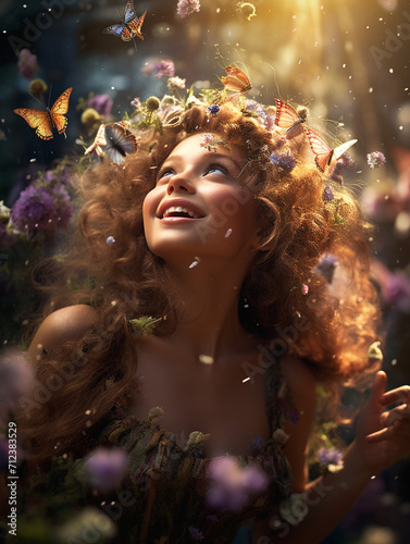 Beautiful woman, girl laughs, hair curls beautifully. Butterflies and flowers.