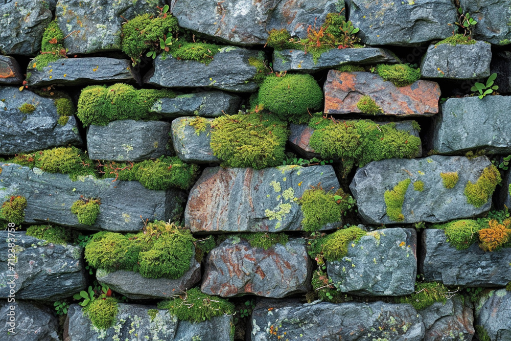 Fototapeta premium A stone wall with moss and lichen growing in the cracks