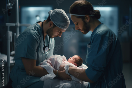 A newborn baby is examined by a doctor or nurse in the hospital 