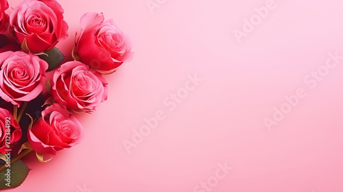Bunch of roses on isolated pink background with copy text space - ai generative
