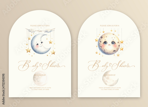 Cute baby shower watercolor invitation card for baby and kids new born celebration with moon and stars.